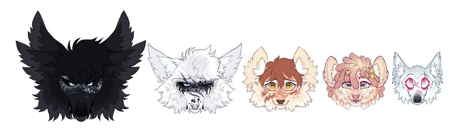 Five symmetrical headshots (colored), all original designs